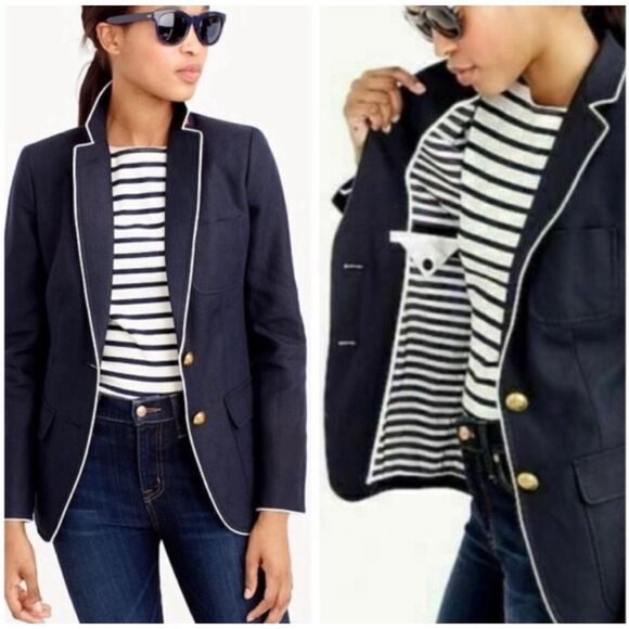 J. Crew Rhodes Navy Blue Blazer 100% Linen Nautical Crest Gold Buttons Size 00 - Picture 1 of 12